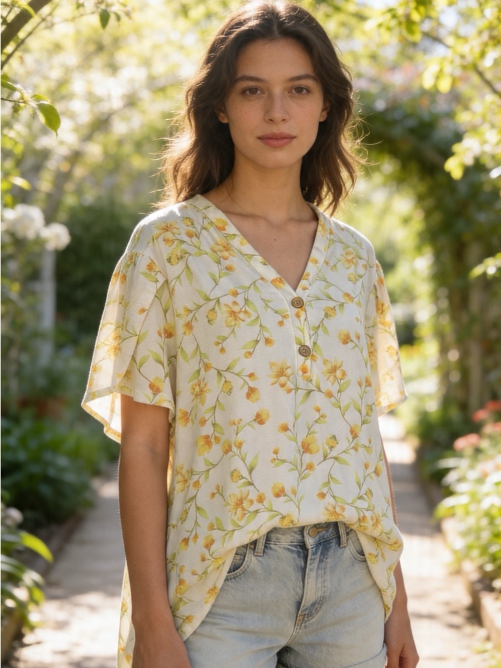 BISHUIGE Women's Floral V-Neck Button Front Top - Yellow Floral Size Large
